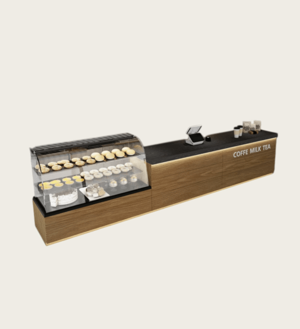 Customized commercial bar counter for coffee shop with wood veneer and sintered stone top