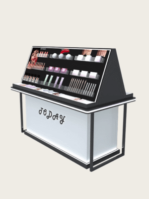 cosmetic display cabinet (19) Double Sided LED Cosmetic Display Island Counter Mall Retail Makeup Showcase Display Stand