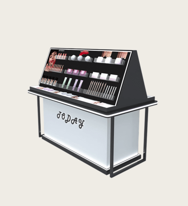 cosmetic display cabinet (19) Double Sided LED Cosmetic Display Island Counter Mall Retail Makeup Showcase Display Stand