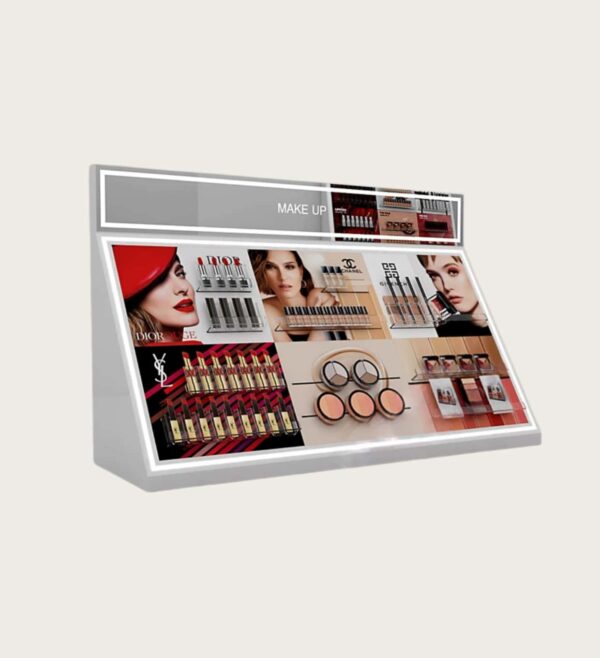 LED Backlit Makeup Display Counter with Brand Lightbox & Tiered Shelves | Customizable Retail Showcase for Cosmetics Boutiques