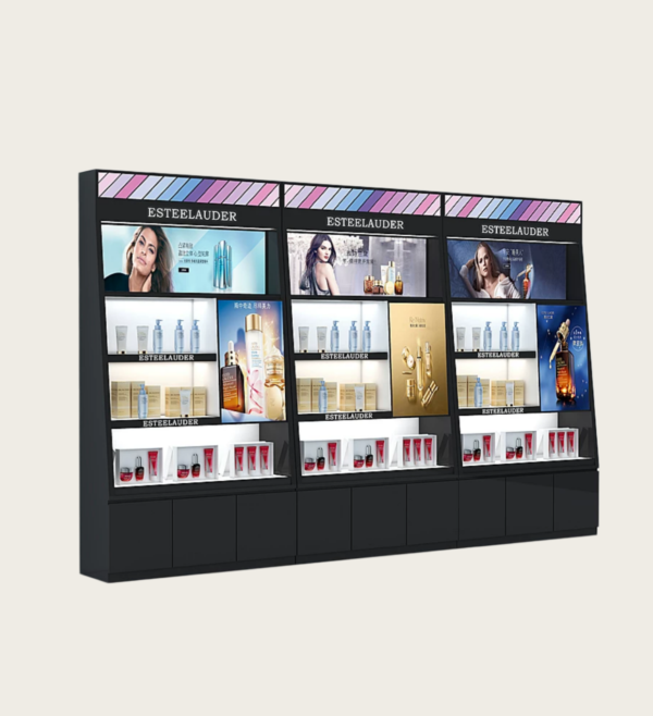 Custom Brand Cosmetic Display Cabinet | Black Skincare Showcase For Mall Beauty Counter
