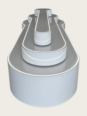 Multi-tiered curved LED-lit jewelry island table with glossy finish for retail boutiques