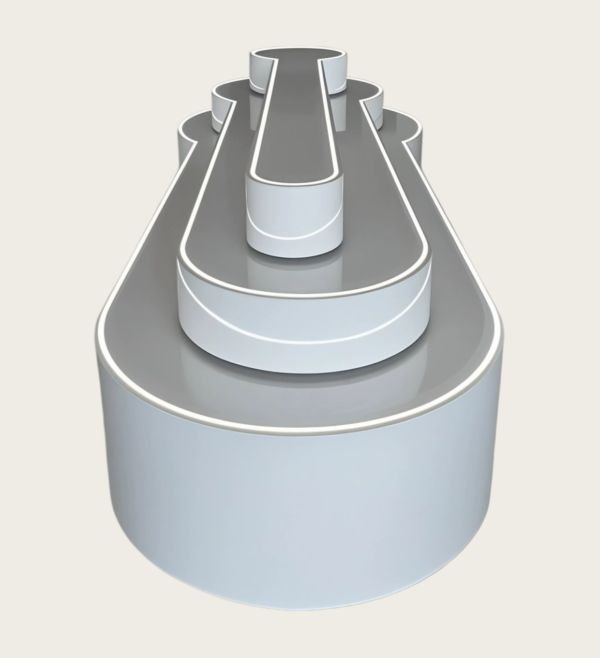 Multi-tiered curved LED-lit jewelry island table with glossy finish for retail boutiques