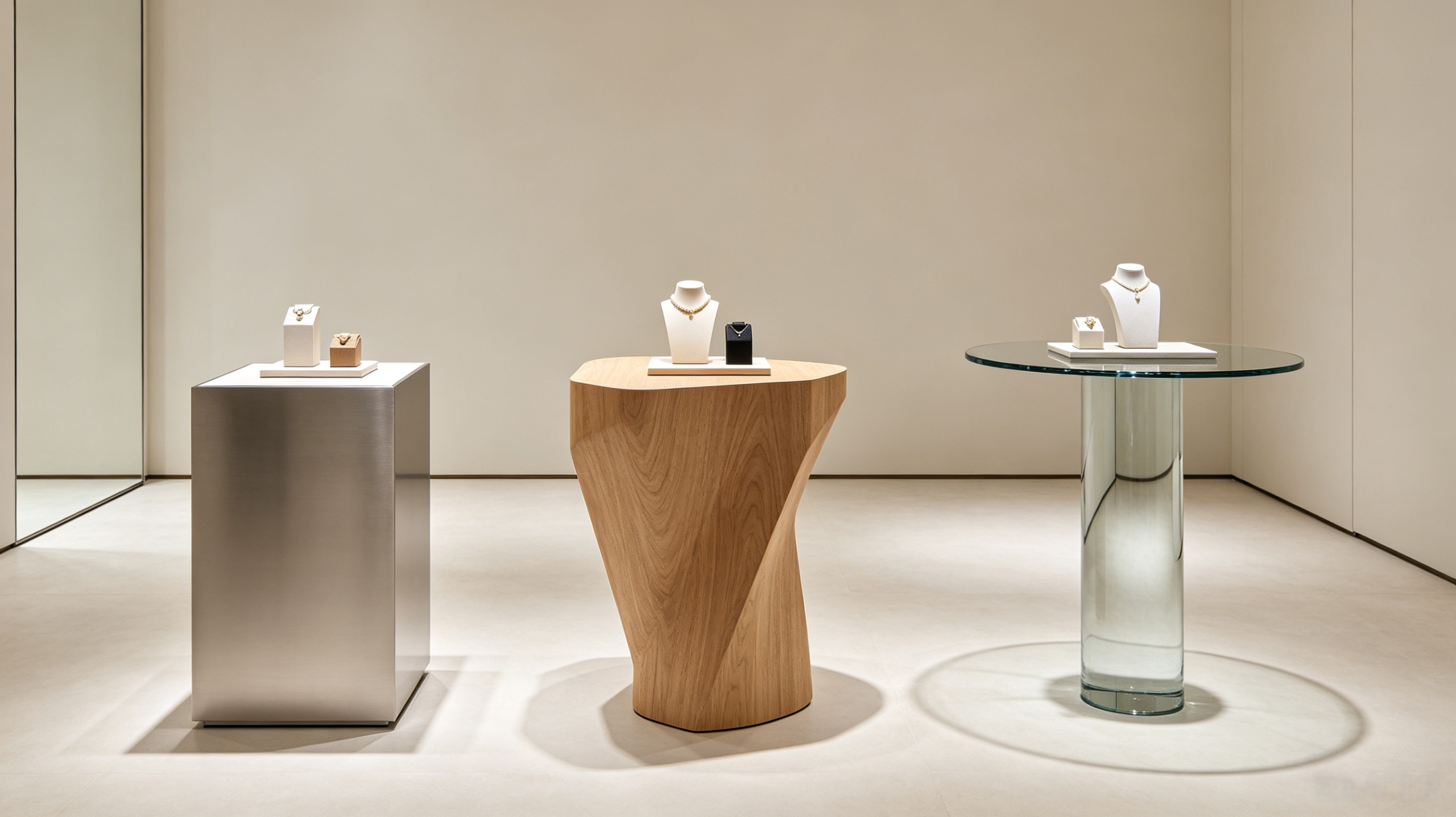 Custom jewelry island table display cabinet - versatile metal, wood, and glass designs, an ideal alternative to basic cosmetics shop island display units.