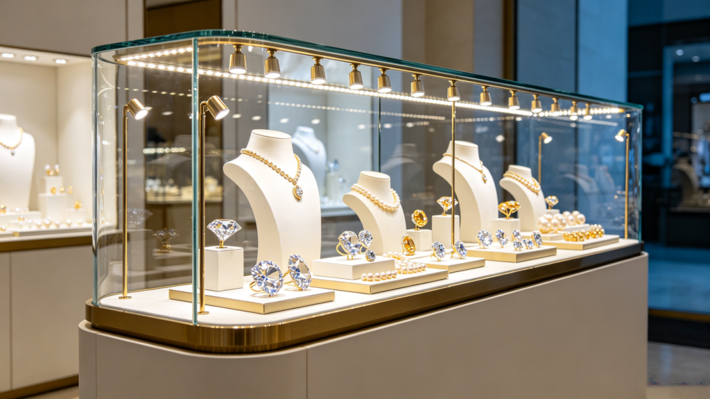 Custom jewelry island table display cabinet with dust-proof glass and warm LED lighting, designed for showcasing fine jewelry better than basic cosmetics shop island display units.