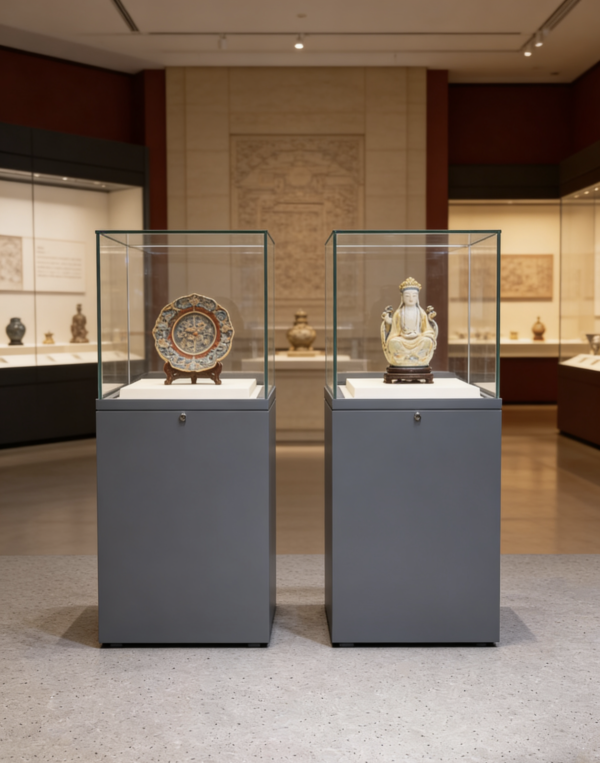 display showcase (7) Museum freestanding glass display case | Jewelry store floor-standing porcelain display case