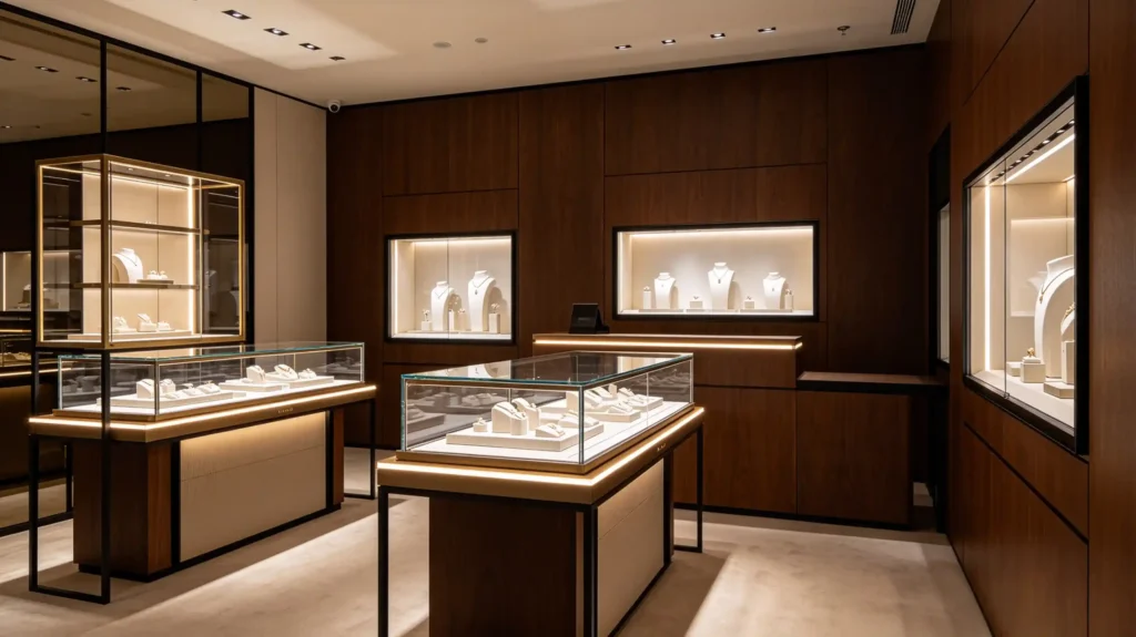 High-end jewelry store design with custom glass display cases and warm lighting
