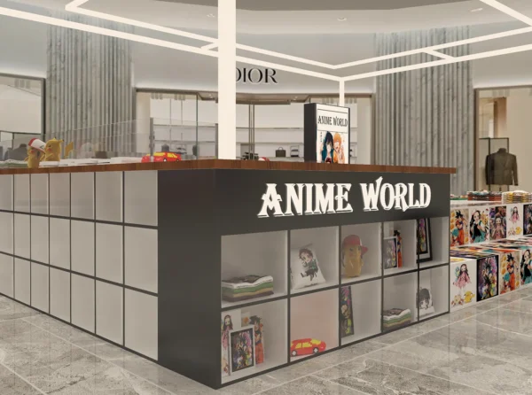 U-shaped enclosed anime merchandise and toy kiosk | T-shirt atrium central island display booth