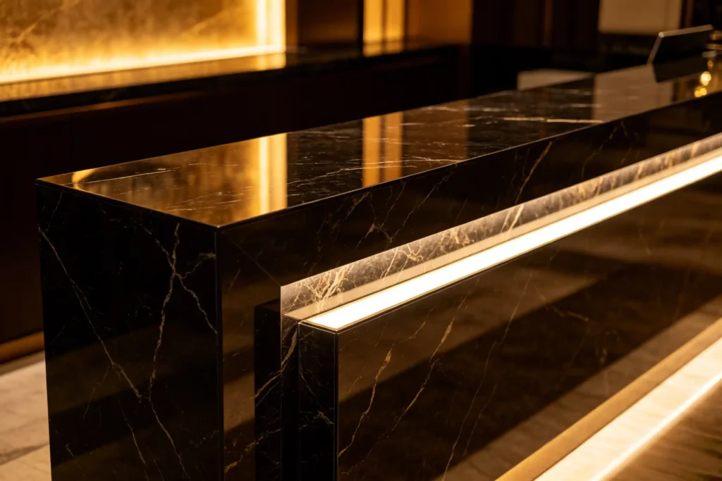 marble reception counter in the restaurant