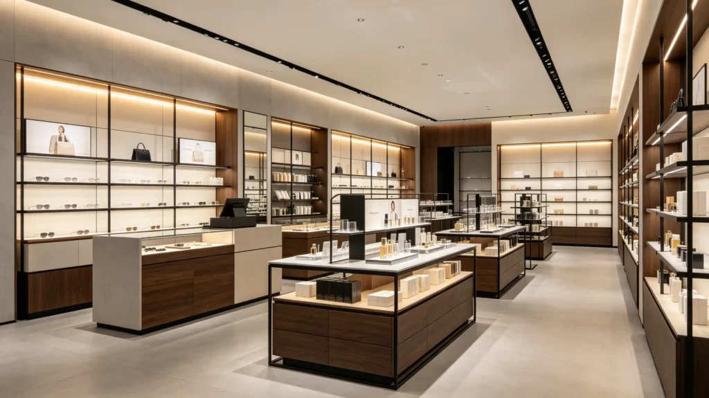 Full store interior layout design with custom retail display fixtures