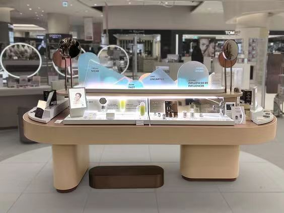Custom Long Curved Two-Tier Cosmetic Display Counter | LED Beauty Showcase