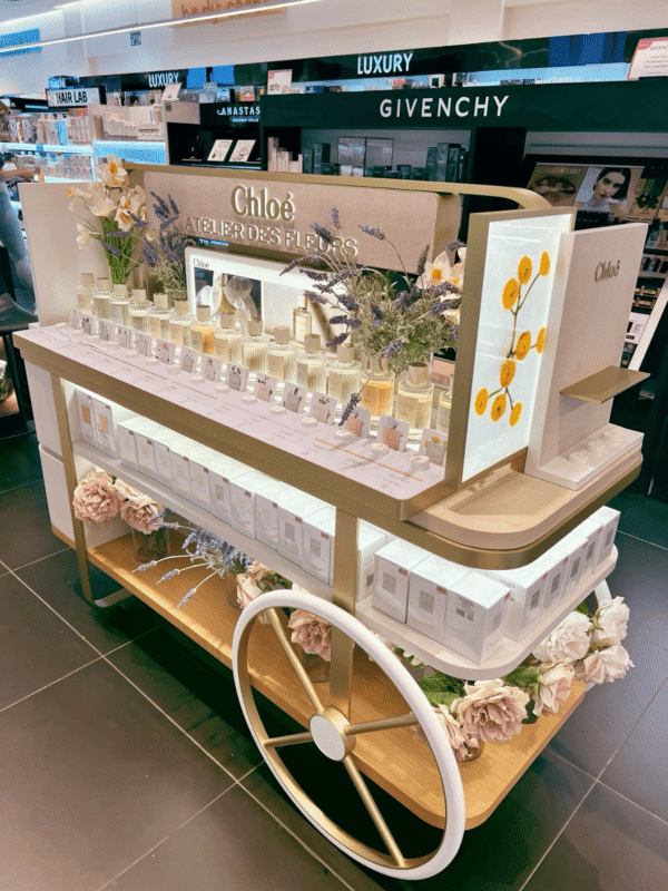 Custom Flower Themed Trolley Style Perfume Display Cart | Luxury Fragrance Showcase