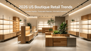 2026 US boutique retail display trends with modular, minimalist store fixtures
