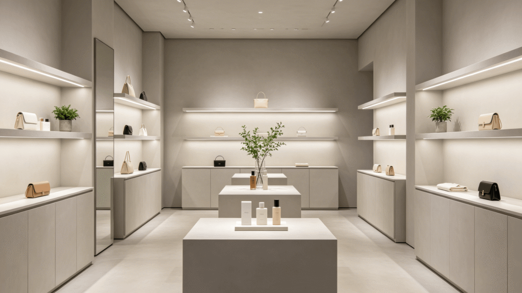 Minimalist boutique retail display with clean layout and soft lighting, highlighting products with less clutter