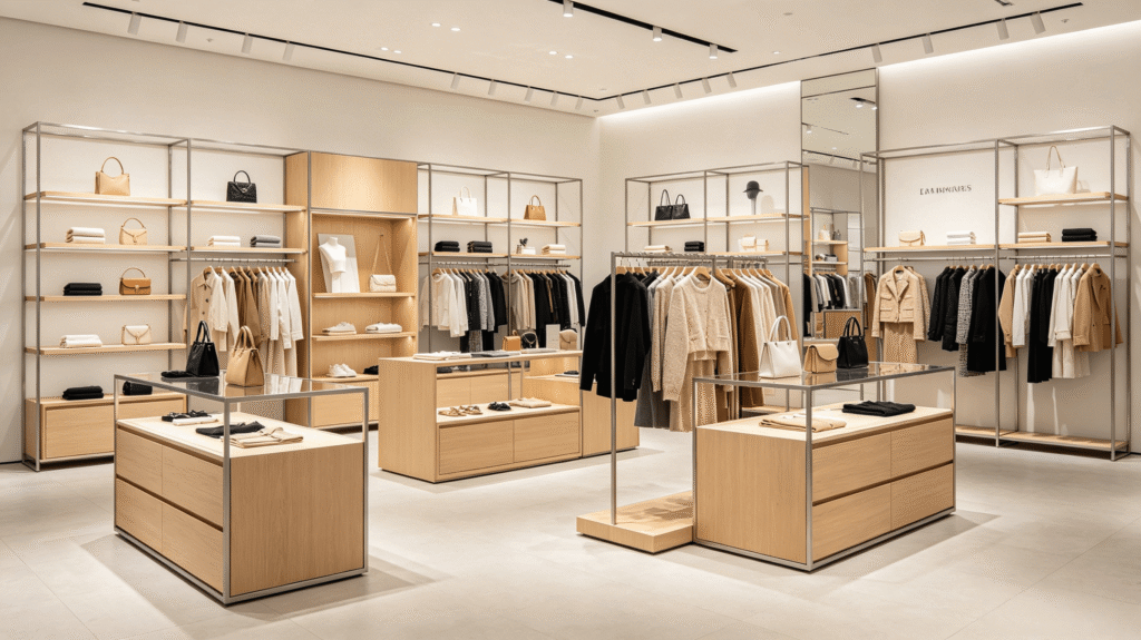 Flexible modular retail display system for clothing boutiques, easily rearranged for seasonal updates