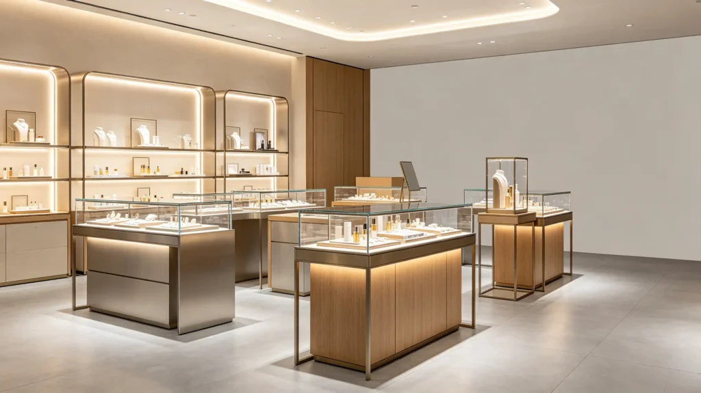 Commercial-grade retail display cases for jewelry and beauty boutiques