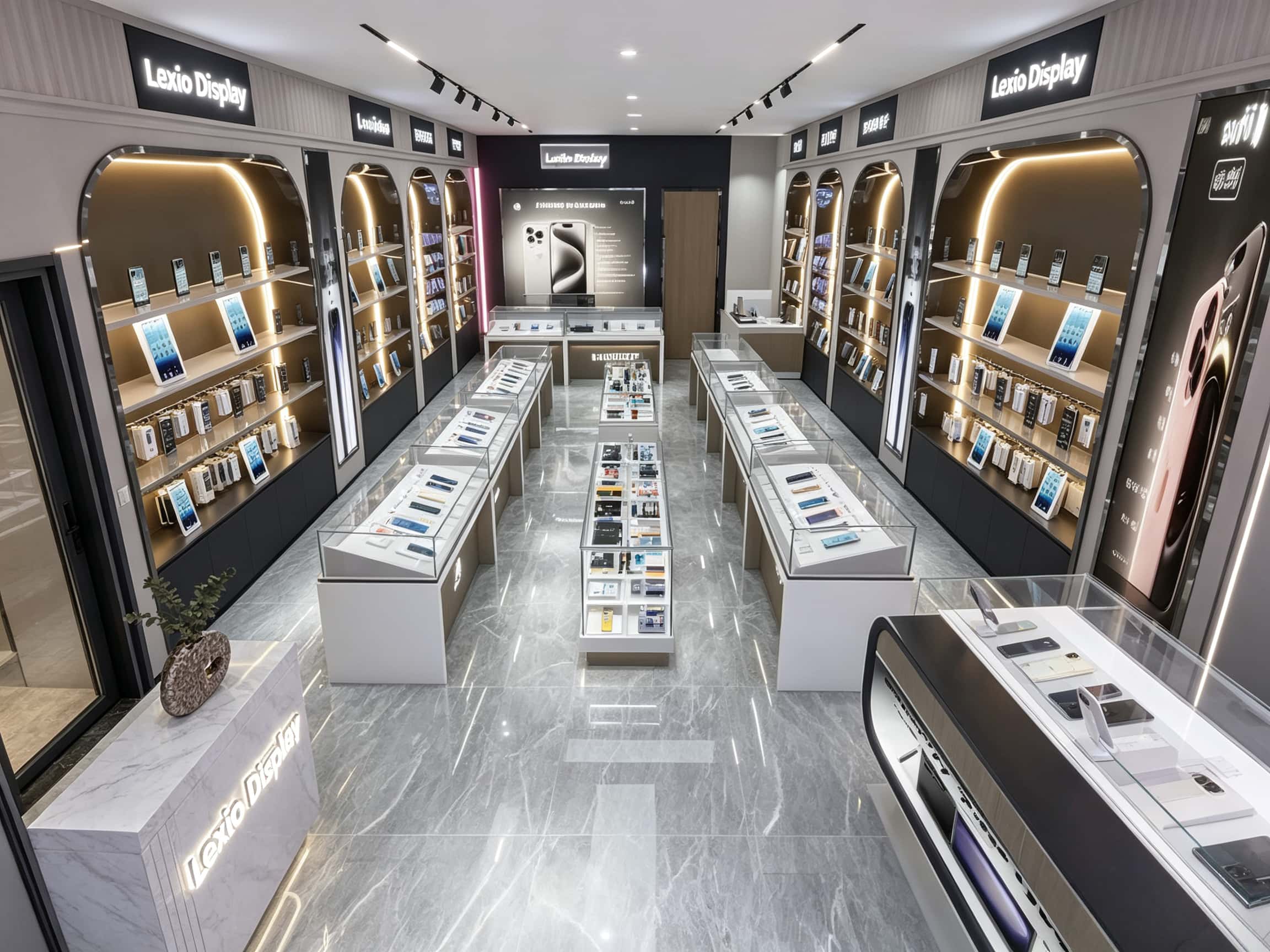 Practical display cabinets for a mobile phone store design