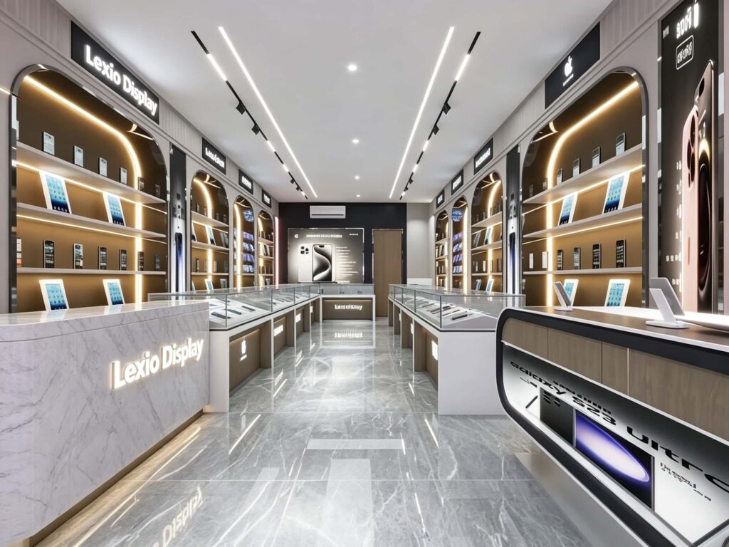Practical display cabinets for a mobile phone store design