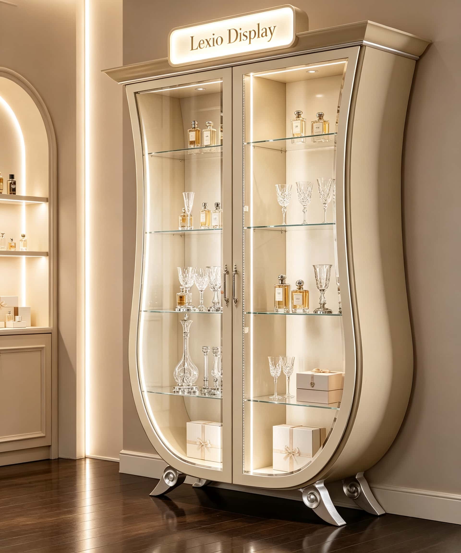 curved glass display cabinet