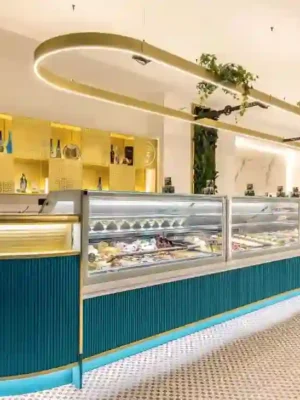 Teal Fluted Gelato Display Counter With Gold Trim For Ice Cream Dessert Shop bar for sale