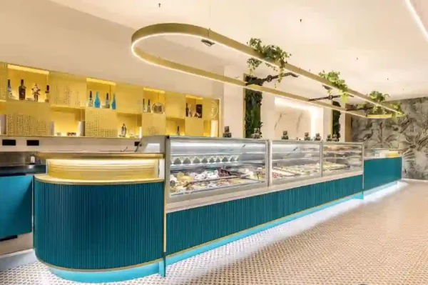 counter for cafe (2) Teal Fluted Gelato Display Counter With Gold Trim For Ice Cream Dessert Shop bar for sale