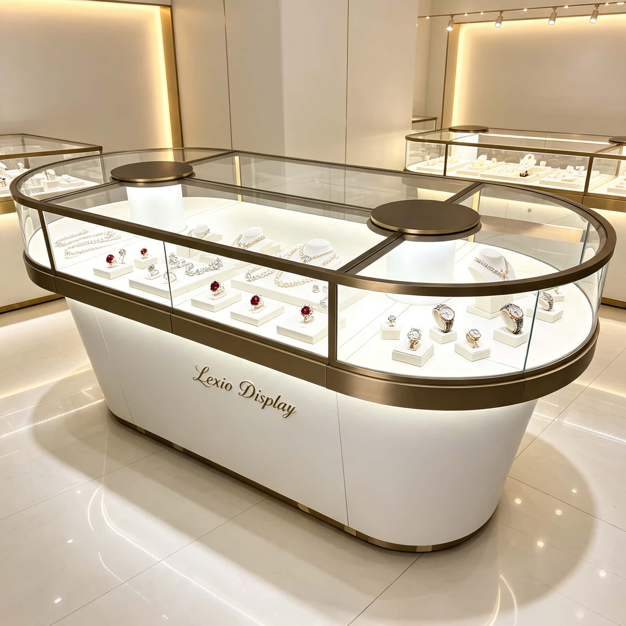 Oval Luxury Glass Jewelry Display Showcase with Lockable Storage | Brushed Gold Freestanding Retail Display Counter for Jewelry Stores USA & Australia