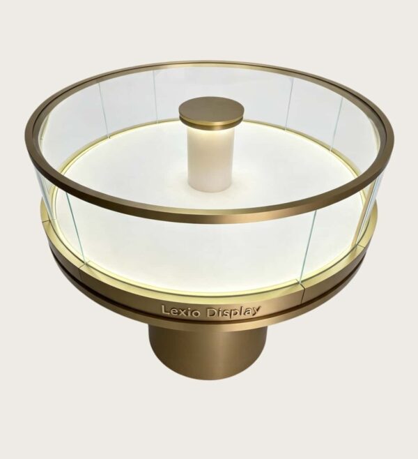 Luxury Round Pedestal Jewelry Display Showcase with LED Lighting | Circular Glass Island Display Cabinet for High-End Retail Jewelry Stores