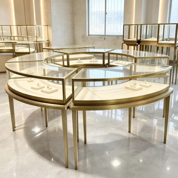 Modular Curved Circular Jewelry Display Showcase Set | Brushed Gold Freestanding Glass Display Counter for Luxury Jewelry Stores USA & Australia