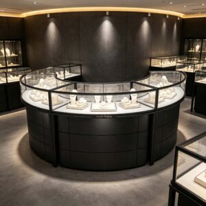 Curved Black Semi-Circular Jewelry Display Showcase with Lockable Storage | Freestanding Glass Retail Display Counter for Luxury Jewelry Stores