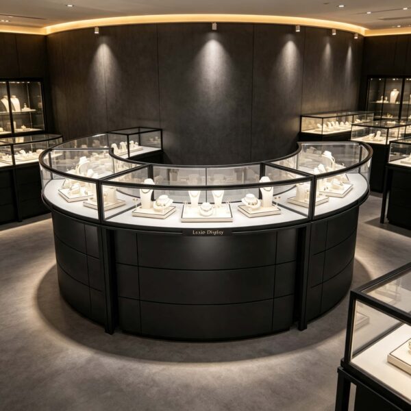 Curved Black Semi-Circular Jewelry Display Showcase with Lockable Storage | Freestanding Glass Retail Display Counter for Luxury Jewelry Stores