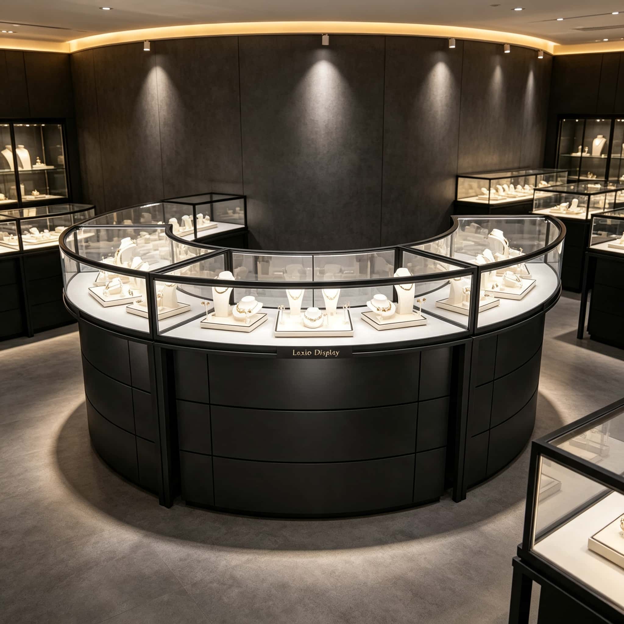 Curved Black Semi-Circular Jewelry Display Showcase with Lockable Storage | Freestanding Glass Retail Display Counter for Luxury Jewelry Stores