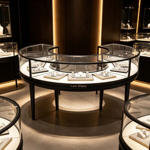 Modern Black Circular Ring Jewelry Display Island Showcase | 360° Freestanding Glass Jewelry Display Counter for Luxury Retail Stores