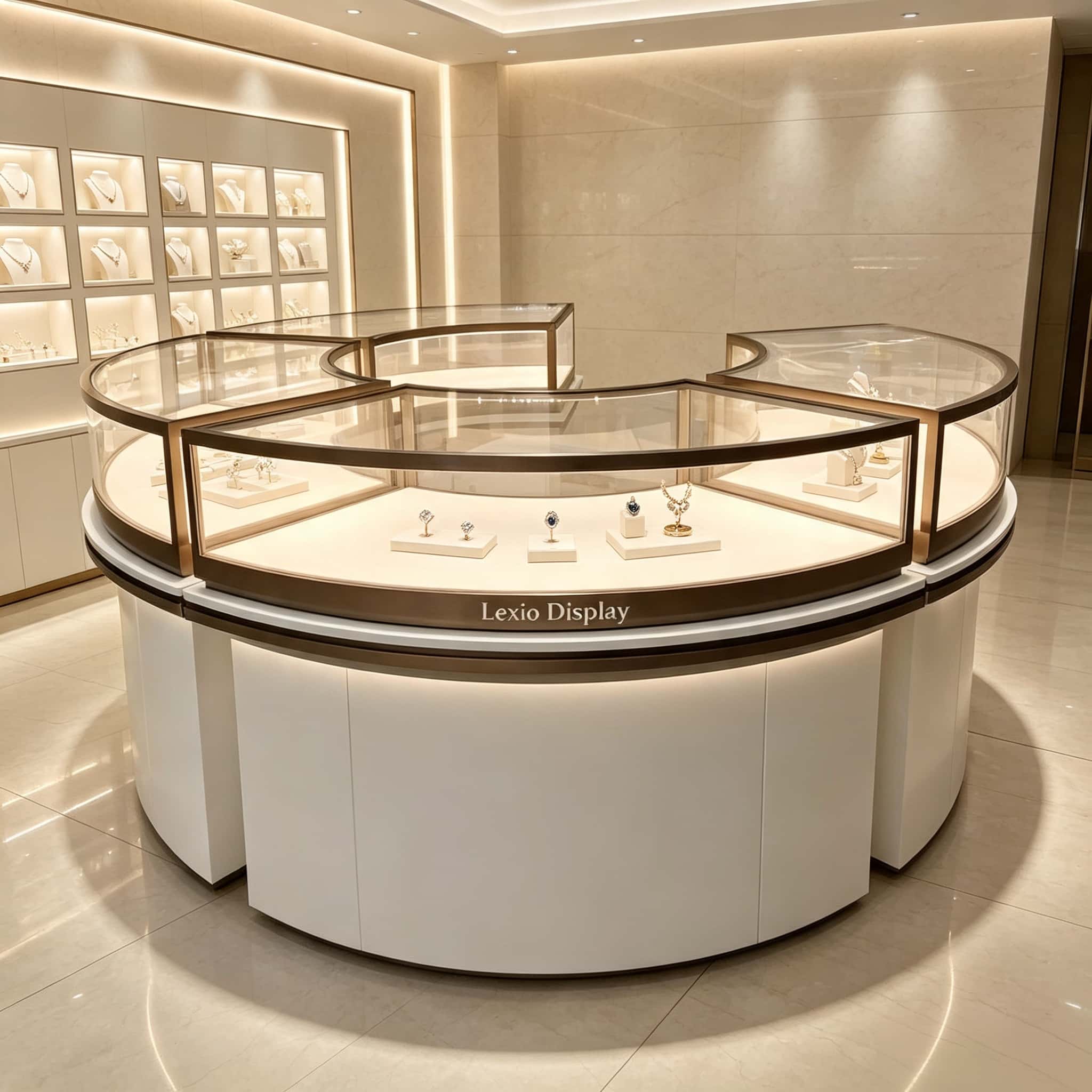 Luxury Circular Sector Jewelry Display Island with Storage Base | LED Illuminated Glass Showcase for High-End Jewelry & Watch Retail Stores