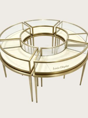 curved display cabinet (15) Modular Curved Circular Jewelry Display Showcase Set | Brushed Gold Freestanding Glass Display Counter for Luxury Jewelry Stores USA & Australia