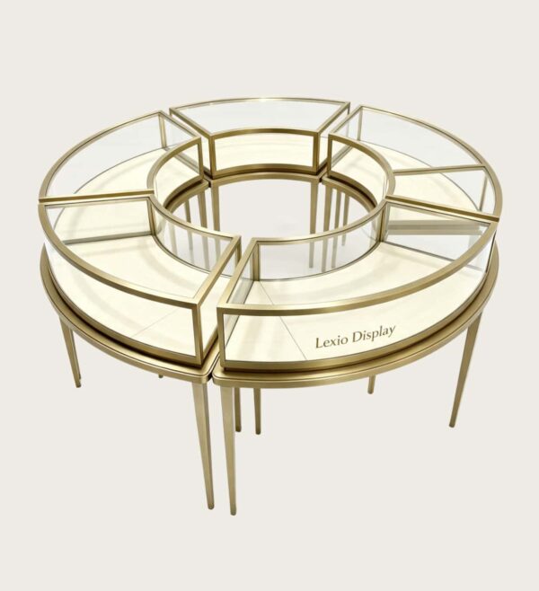 Modular Curved Circular Jewelry Display Showcase Set | Brushed Gold Freestanding Glass Display Counter for Luxury Jewelry Stores USA & Australia