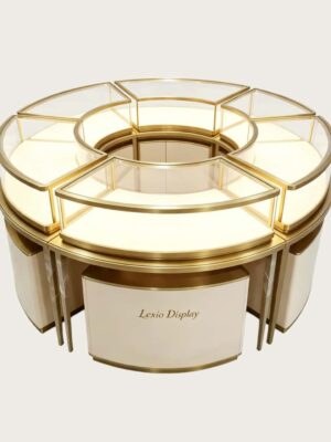 curved display cabinet (16) Modular Circular Curved Jewelry Display Showcase with Storage Base | Luxury Gold Freestanding Island Display Counter for High-End Retail Jewelry Stores
