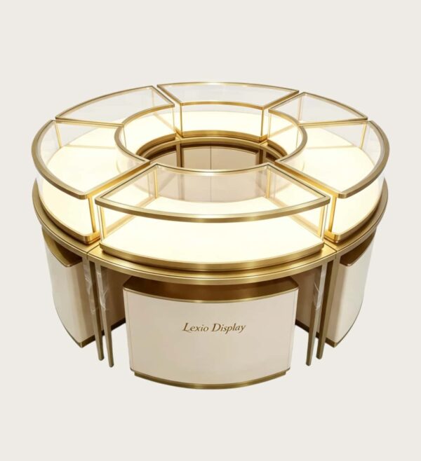 Modular Circular Curved Jewelry Display Showcase with Storage Base | Luxury Gold Freestanding Island Display Counter for High-End Retail Jewelry Stores