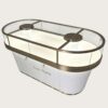Oval Luxury Glass Jewelry Display Showcase with Lockable Storage | Brushed Gold Freestanding Retail Display Counter for Jewelry Stores USA & Australia