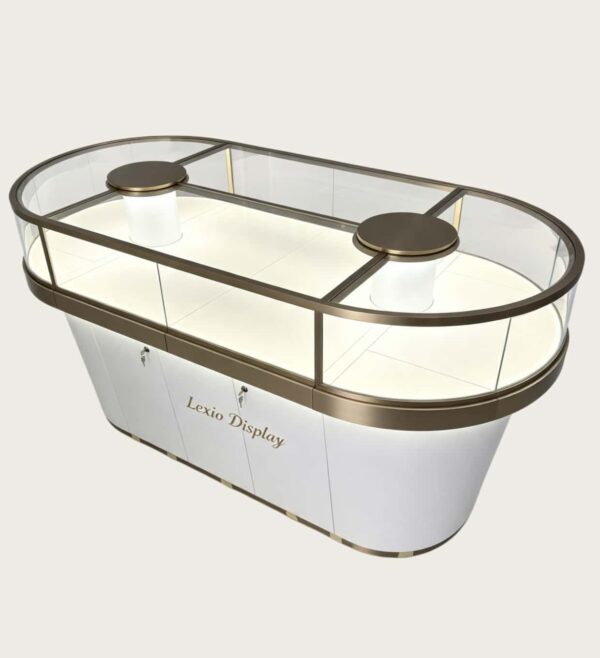 curved display cabinet (19) Oval Luxury Glass Jewelry Display Showcase with Lockable Storage | Brushed Gold Freestanding Retail Display Counter for Jewelry Stores USA & Australia