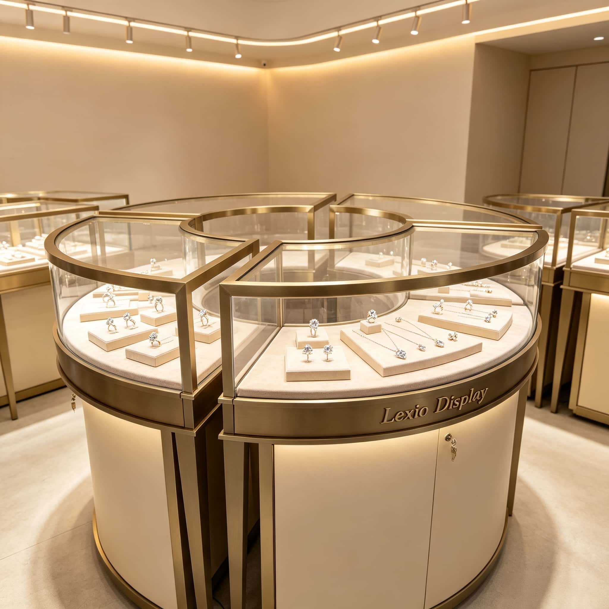 Round Hollow Jewelry Display Island with Zoned Curved Glass | Luxury Champagne Gold Modular Retail Showcase with Lockable Storage for USA & Australia Jewelry Stores