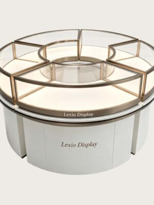 curved display cabinet (3) Round Hollow Jewelry Display Island with Zoned Curved Glass | Luxury Champagne Gold Modular Retail Showcase with Lockable Storage for USA & Australia Jewelry Stores