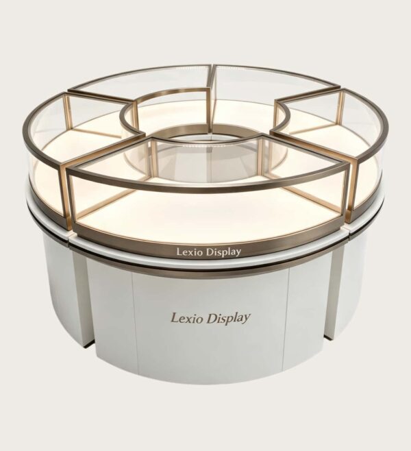 curved display cabinet (3) Round Hollow Jewelry Display Island with Zoned Curved Glass | Luxury Champagne Gold Modular Retail Showcase with Lockable Storage for USA & Australia Jewelry Stores