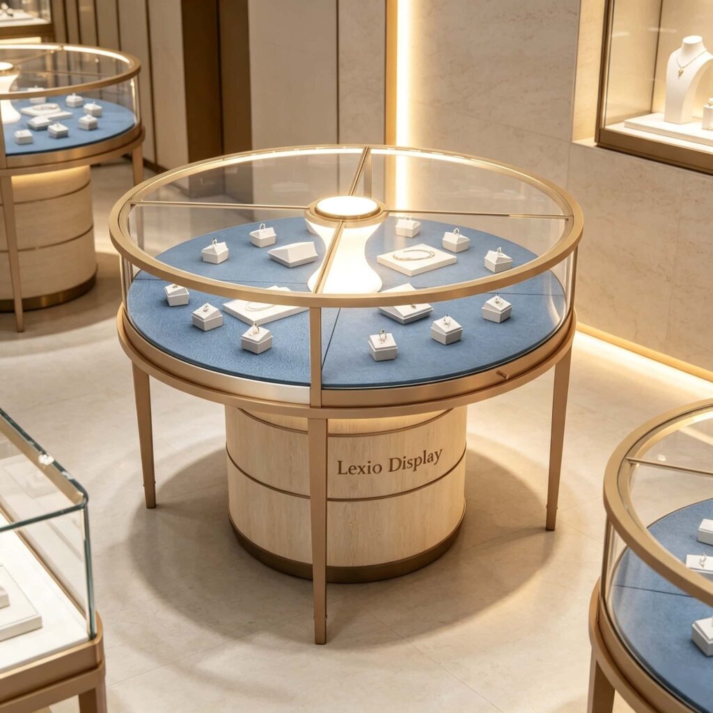 Round Luxury LED Jewelry Display Island Table | Circular Glass Showcase with Storage Base for High-End Boutique Jewelry Stores
