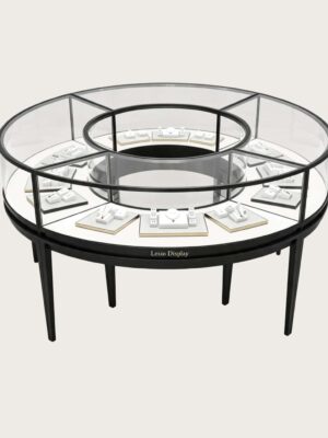curved display cabinet (5) Modern Black Circular Ring Jewelry Display Island Showcase | 360° Freestanding Glass Jewelry Display Counter for Luxury Retail Stores