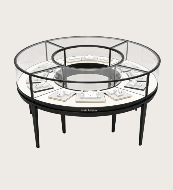 Modern Black Circular Ring Jewelry Display Island Showcase | 360° Freestanding Glass Jewelry Display Counter for Luxury Retail Stores