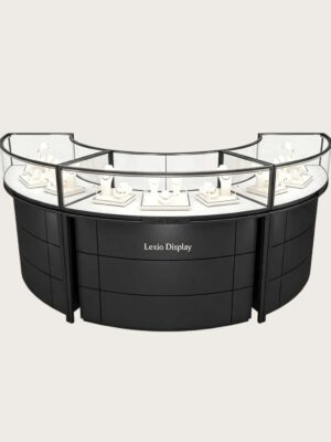 curved display cabinet (6) Curved Black Semi-Circular Jewelry Display Showcase with Lockable Storage | Freestanding Glass Retail Display Counter for Luxury Jewelry Stores