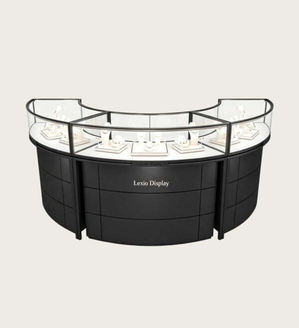 Curved Black Semi-Circular Jewelry Display Showcase with Lockable Storage | Freestanding Glass Retail Display Counter for Luxury Jewelry Stores