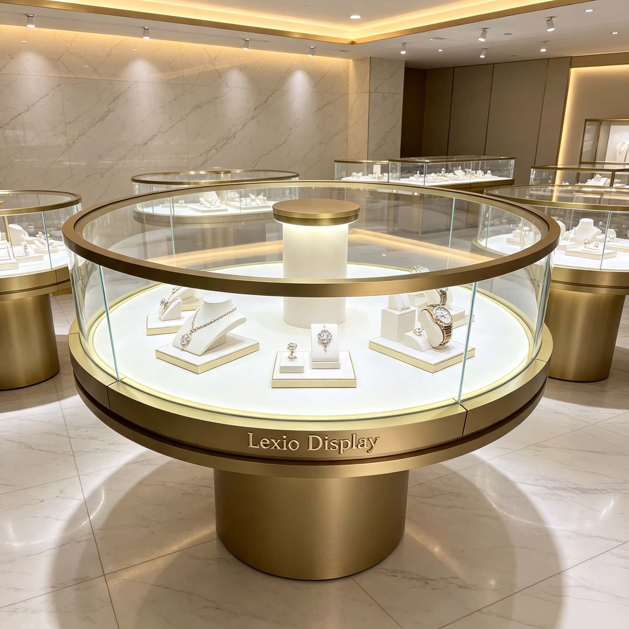 Luxury Round Pedestal Jewelry Display Showcase with LED Lighting | Circular Glass Island Display Cabinet for High-End Retail Jewelry Stores