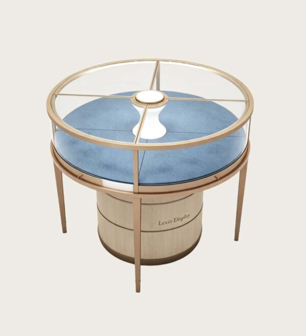 Round Luxury LED Jewelry Display Island Table | Circular Glass Showcase with Storage Base for High-End Boutique Jewelry Stores