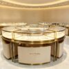 Modular Circular Curved Jewelry Display Showcase with Storage Base | Luxury Gold Freestanding Island Display Counter for High-End Retail Jewelry Stores
